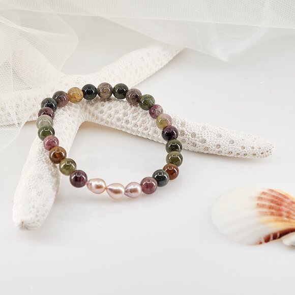 Tourmaline & Edison Pearl Bracelet, Dainty Stackable Stretch Bracelet - Picture 8 of 10